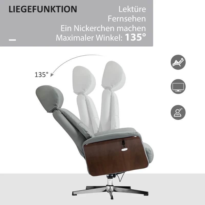 HOMCOM Relaxstoel met Hoker, Ligfunctie, Draaibaar, Lederoptiek, tot 150 kg, Lichtgrijs
