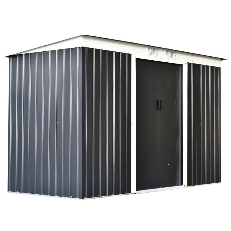 Outsunny Gerätehaus, Gartenhaus, Geräteschuppen mit Schiebetür, Lüftungsfenster, Pultdach, Outdoor, Stahl, Dunkelgrau, 280 x 130 x 172 cm