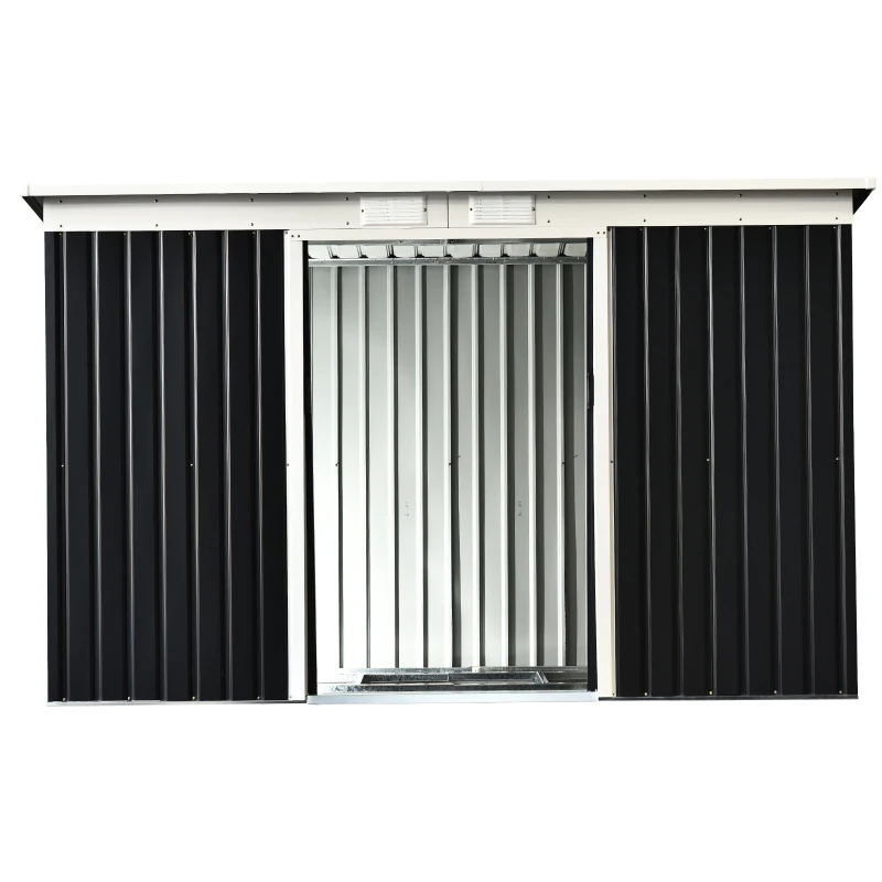 Outsunny Gerätehaus, Gartenhaus, Geräteschuppen mit Schiebetür, Lüftungsfenster, Pultdach, Outdoor, Stahl, Dunkelgrau, 280 x 130 x 172 cm