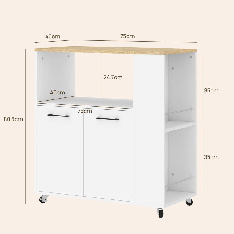 HOMCOM Cărucior de Bucătărie cu Raft Deschis, Dulăpior cu 2 Uși și Raft Lateral pe 2 Niveluri, 75x40x80,5 cm, Alb