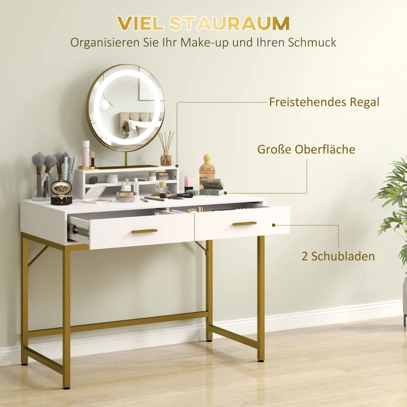 HOMCOM Kaptafel met 360° Spiegel, LED-verlichting, 2 Laden, Wit/Goud