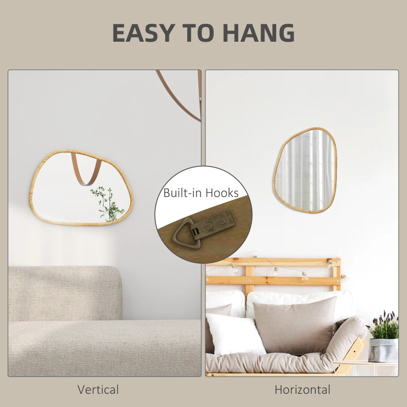HOMCOM Oglindă Neregulară de Perete, Oglindă cu Cadru din Lemn, Oglindă Decorativă, 80x2.1x60 cm, Lemn Natural