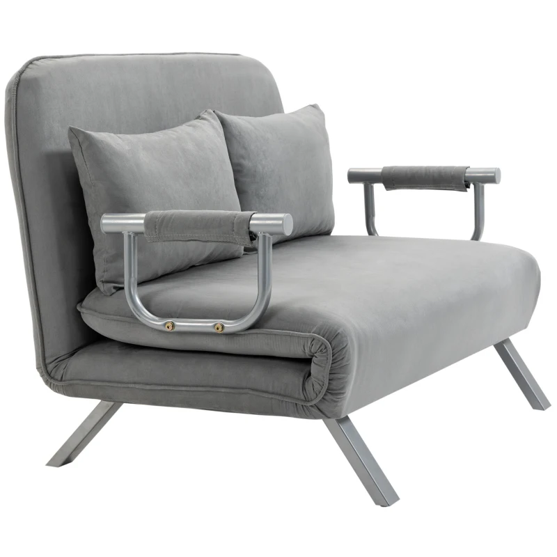 HOMCOM Canapea Pat de 2 Locuri cu Spătar Reglabil pe 5 Nivele, Canapea Pat Pliabilă cu 2 Perne, 105x80x78 cm, Gri Deschis(m-10)