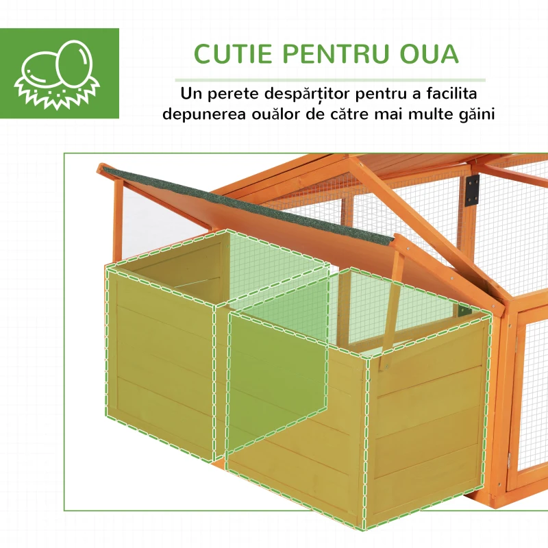 PawHut Coteț pentru Găini de Exterior cu Acoperiș Rabatabil și Ușă Largă Pentru 4-8 Găini, 240x112,5x76 cm, Portocaliu(m-7)