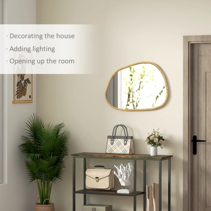 HOMCOM Oglindă Neregulară de Perete, Oglindă cu Cadru din Lemn, Oglindă Decorativă, 70x2.1x50 cm, Lemn Natural