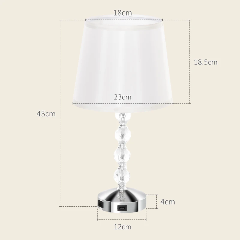 HOMCOM Lampă de Masă cu Buton și Port USB, Lampă Modernă din Metal, Sticlă și Poliester, Ø23x45 cm, Argintiu