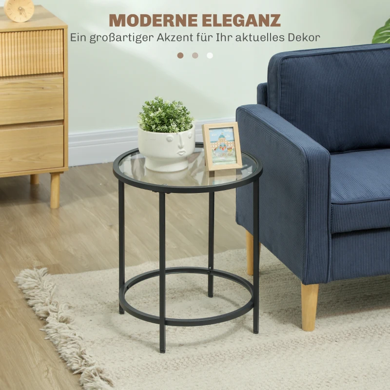 HOMCOM Ronde Bijzettafel met Glazen Blad en Metalen Frame, Kleine Koffietafel voor Woonkamer, Slaapkamer, Zwart