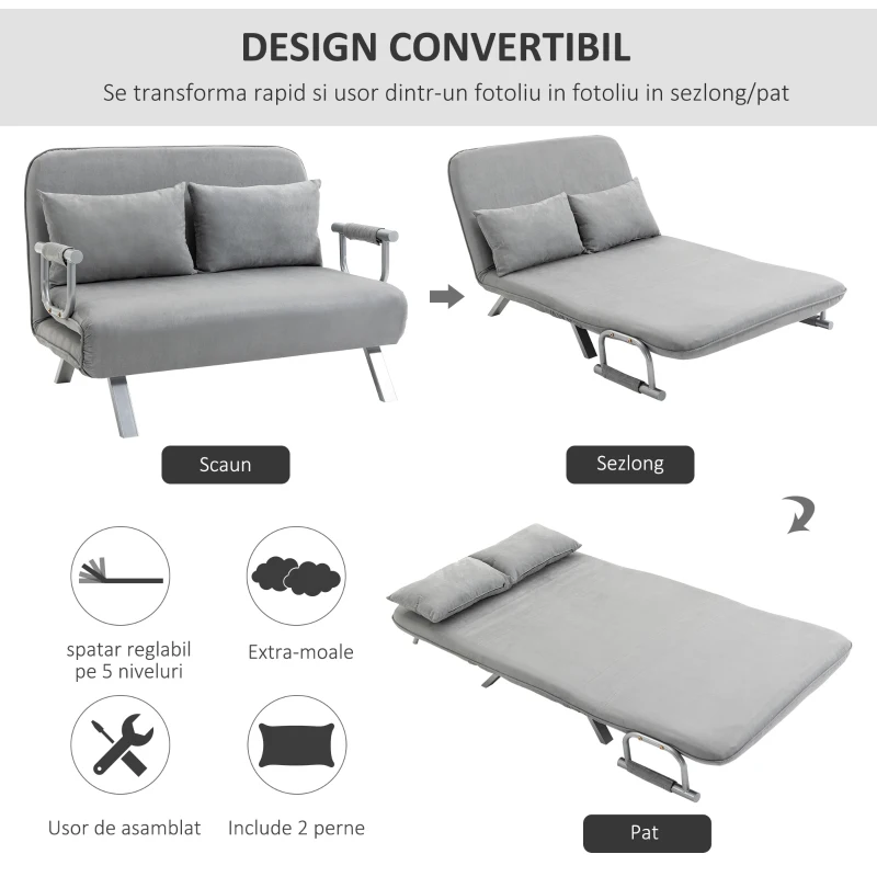 HOMCOM Canapea Pat de 2 Locuri cu Spătar Reglabil pe 5 Nivele, Canapea Pat Pliabilă cu 2 Perne, 105x80x78 cm, Gri Deschis(m-4)