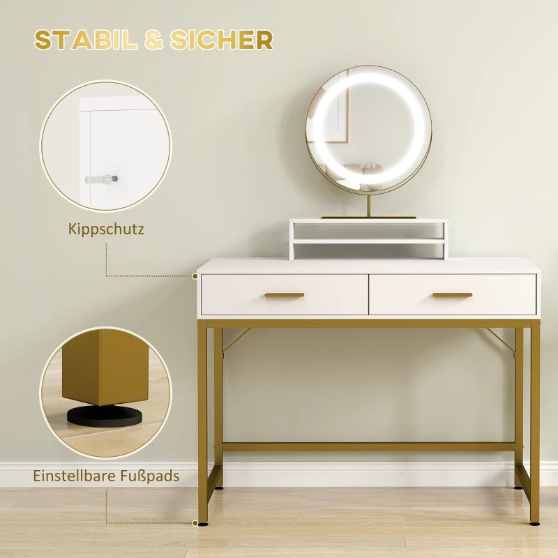 HOMCOM Kaptafel met 360° Spiegel, LED-verlichting, 2 Laden, Wit/Goud