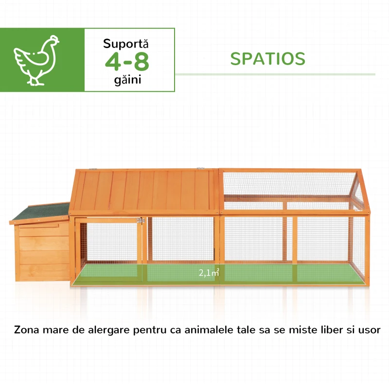 PawHut Coteț pentru Găini de Exterior cu Acoperiș Rabatabil și Ușă Largă Pentru 4-8 Găini, 240x112,5x76 cm, Portocaliu(m-4)