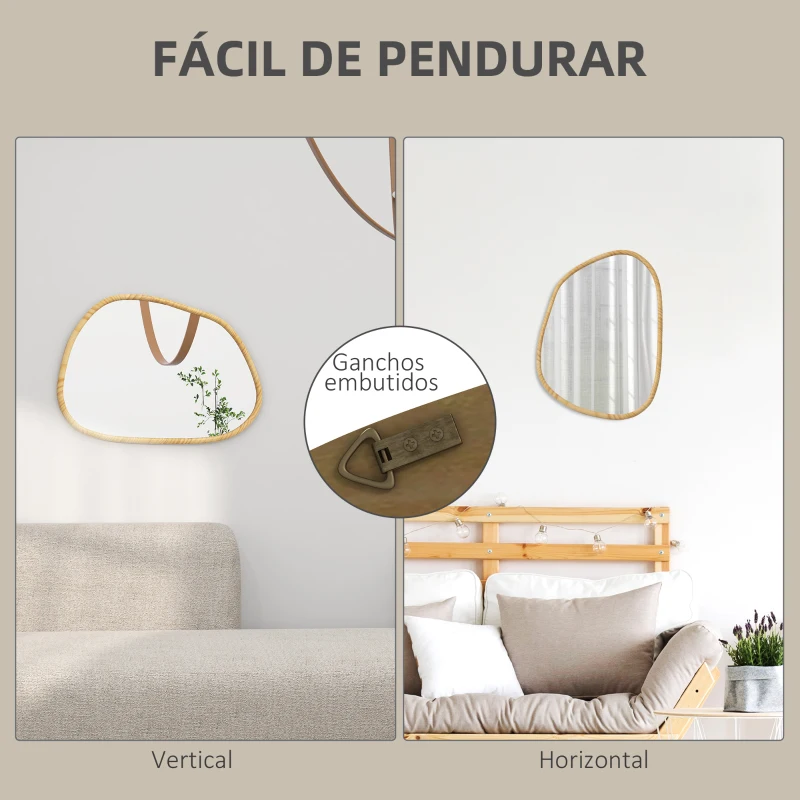 HOMCOM Espelho de Parede Decorativo 70x50 cm com Forma Irregular e Moldura de Madeira para Sala Entrada Horizontal ou Vertical Natural