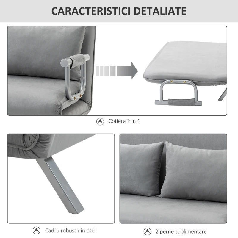 HOMCOM Canapea Pat de 2 Locuri cu Spătar Reglabil pe 5 Nivele, Canapea Pat Pliabilă cu 2 Perne, 105x80x78 cm, Gri Deschis(m-5)