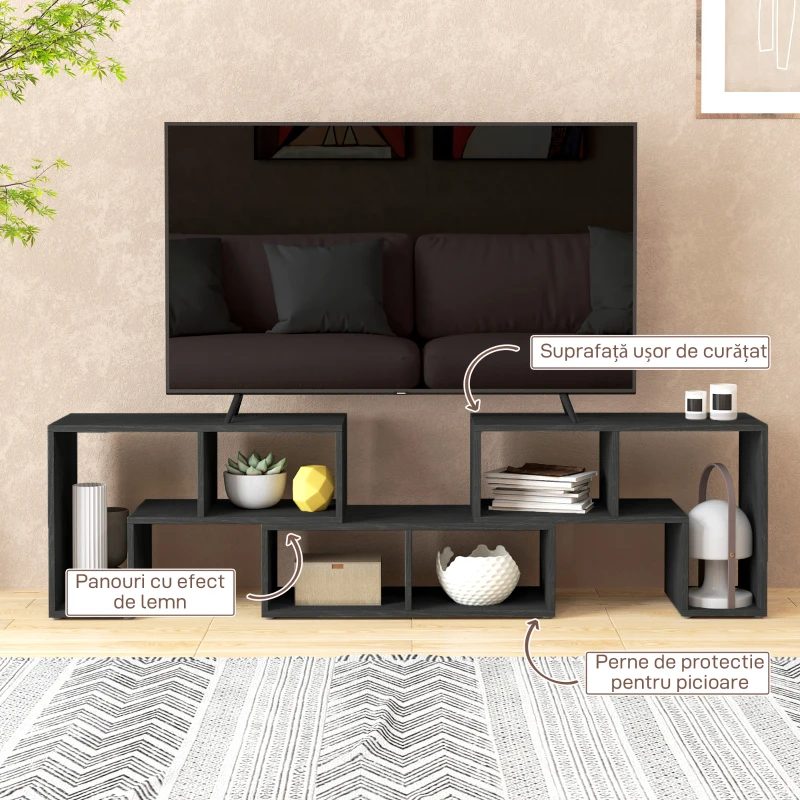 HOMCOM Mobilier TV 75" cu 2 Rafturi în Formă de L și Raft Dreptunghiular, 134-180x30,5x44 cm, Negru