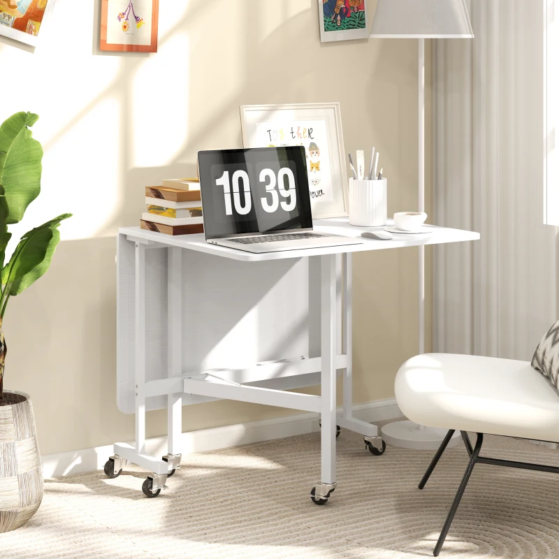 HOMCOM Mesa Dobrável de Cozinha para 4-6 Pessoas Mesa de Sala de Jantar Dobrável com Rodas e Laterais Dobráveis 120x80x73 cm Branco