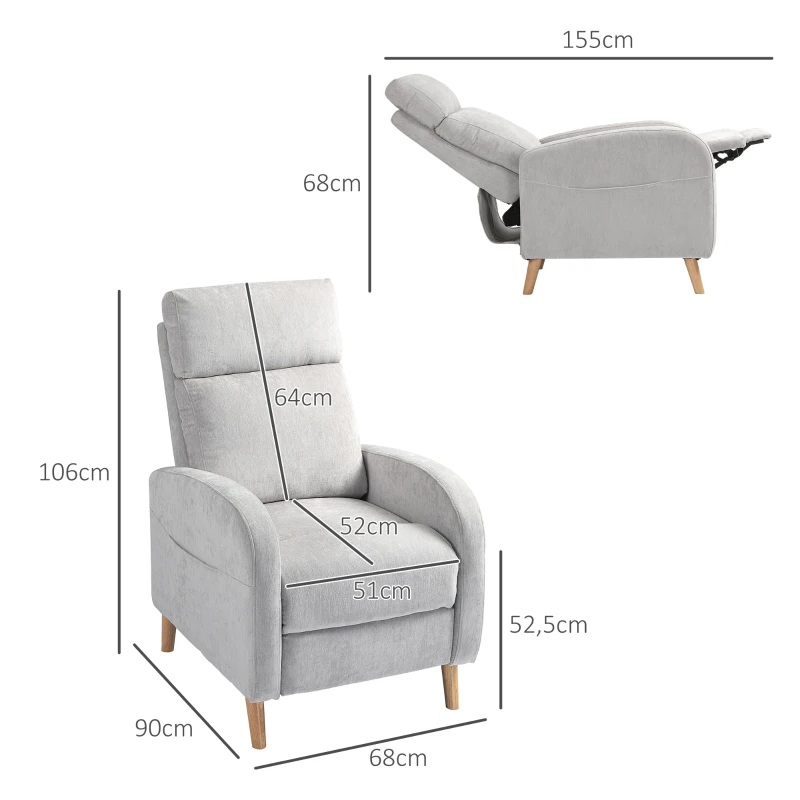 HOMCOM Poltrona Relax Reclinável Manual Estofada em Linho Sintético com Apoio para os Pés e Bolso Lateral 68x90x106 cm Cinza Claro