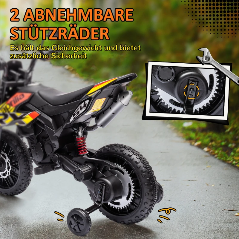 AIYAPLAY 12V Kindermotor met Trainingswielen, LED-Lichten, Muziek, USB, Elektrische Motorfiets voor Jongens en Meisjes, Geel(m-5)