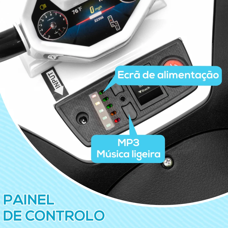 AIYAPLAY Quadriciclo Elétrico para Crianças com Bateria 12V Faróis e Música Carga 30 kg 85x55,5x62 cm Branco