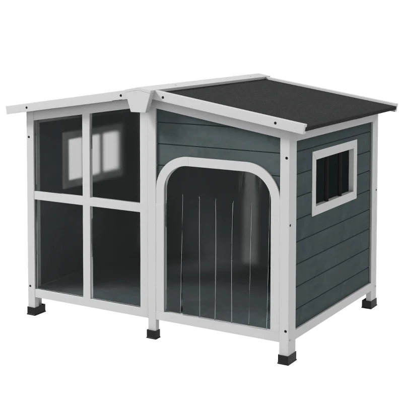 PawHut Căsuță pentru Câini din Lemn, cu Tendă de Protecție, Fereastră și Acoperiș Rabatabil, 101x66,5x70,5cm, Gri Închis