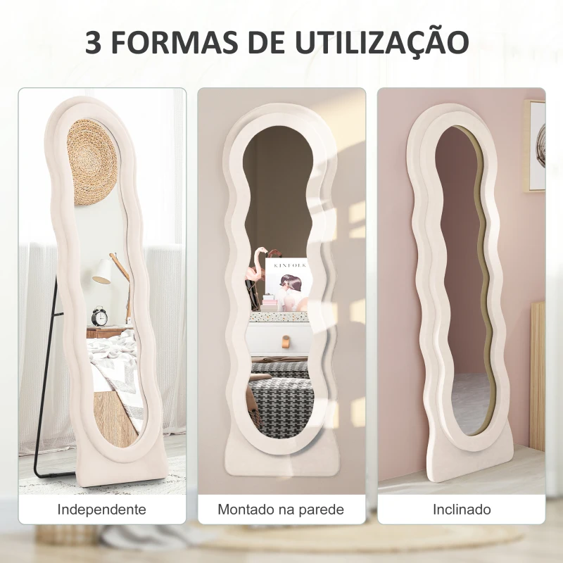HOMCOM Espelho de Pé 50x160 cm Espelho de Corpo Inteiro ou de Parede com Desenho Assimétrico e Estrutura de Veludo Creme
