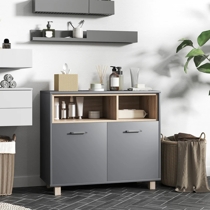 HOMCOM Mobilier de Baie cu Rafturi Deschise și Dulăpior cu 2 Uși, Dulap de Baie Spațios cu Mânere, 80x35x70 cm, Gri(m-2)