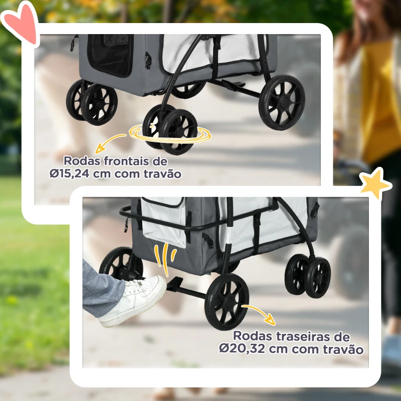 PawHut Carrinho para Animais de Estimação Carrinho para Cães Dobrável com Compartimento Desmontável 4 Portas 81x58x97,5 cm Cinza