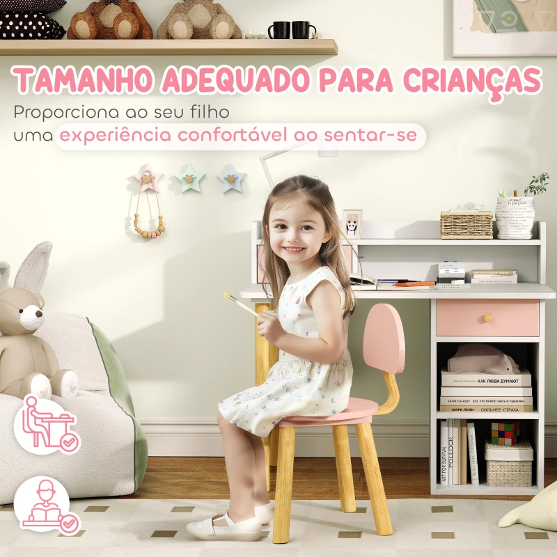 AIYAPLAY Conjunto de Secretária e Cadeira para Crianças Mesa de Estudo com Prateleiras e Gaveta Carga 80 kg 85x48x73 cm Rosa