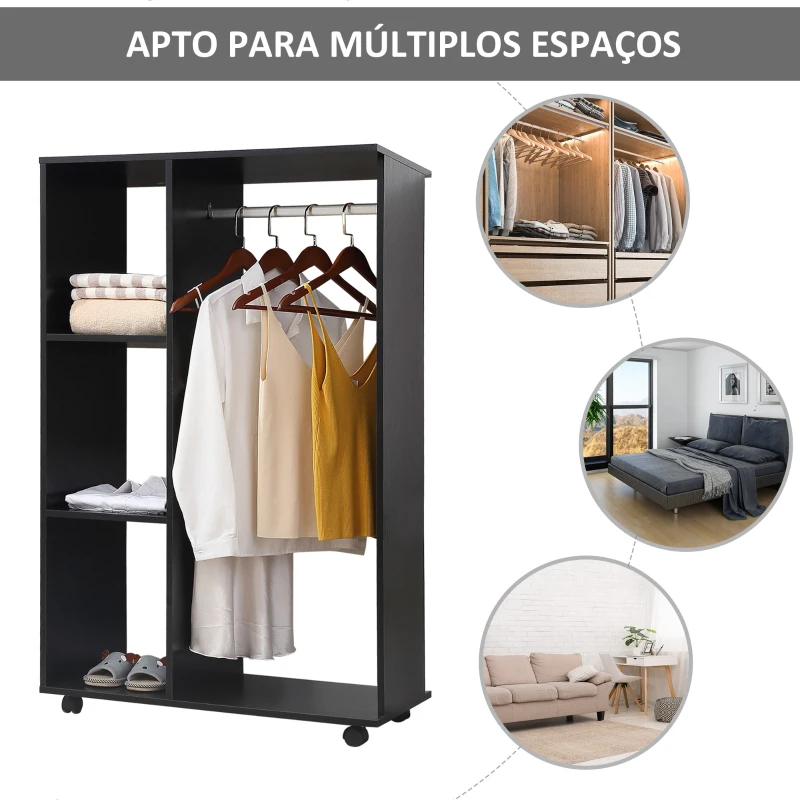 HOMCOM Roupeiro de Madeira Móvel Armário Roupeiro Aberto com Barra para Pendurar e 3 Prateleiras Organizadoras 80x40x128 cm Preto