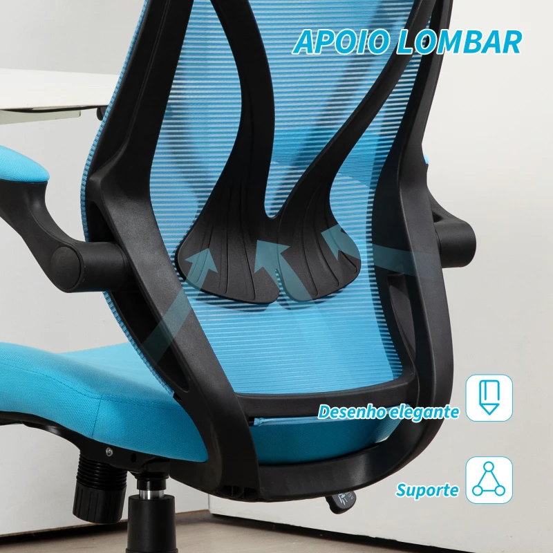 HOMCOM Cadeira de Escritório Giratória com Altura Ajustável Apoio para os Braços Dobráveis e Função Basculante 66x66x113-121 cm Azul