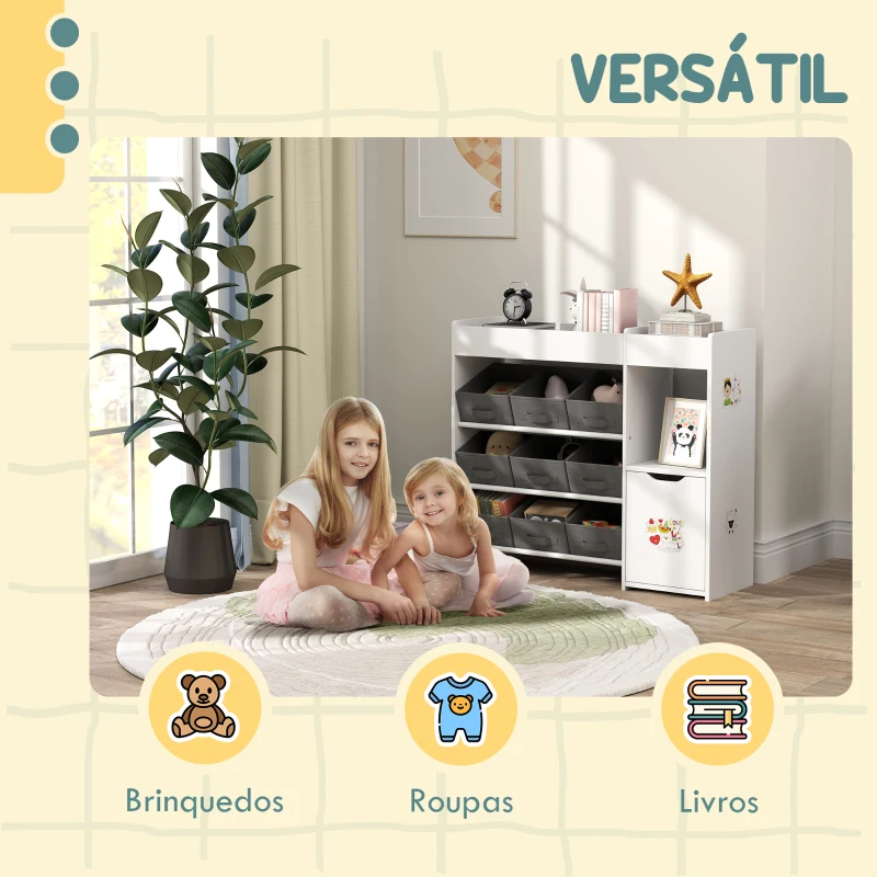 AIYAPLAY Organizador de Brinquedos para Crianças com 9 Cestos Amovíveis Compartimentos e Autocolantes  92x30x80 cm Branco e Cinza
