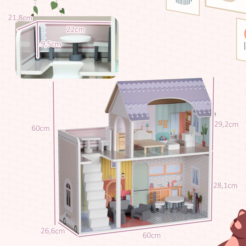 AIYAPLAY Casa de Bonecas com Móveis e Acessórios Casa de Bonecas de Madeira com Varanda e 2 Andares  60x26,6x60 cm Multicor
