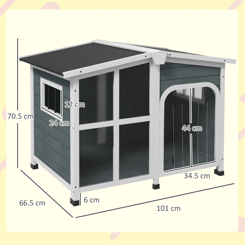 PawHut Căsuță pentru Câini din Lemn, cu Tendă de Protecție, Fereastră și Acoperiș Rabatabil, 101x66,5x70,5cm, Gri Închis