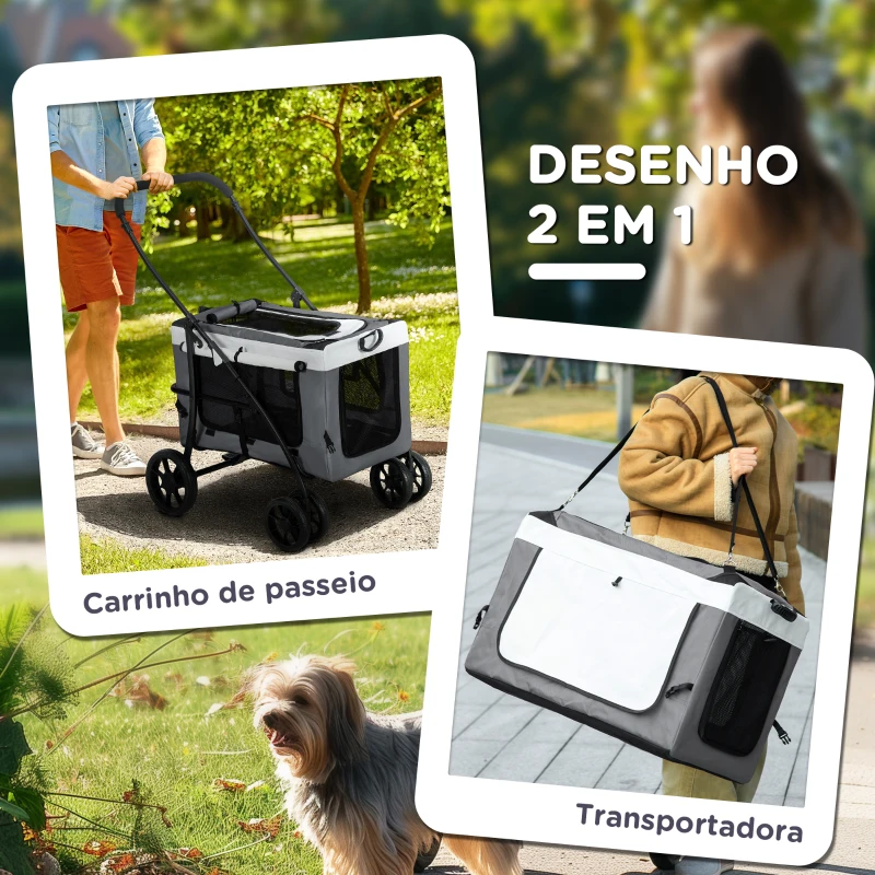 PawHut Carrinho para Animais de Estimação Carrinho para Cães Dobrável com Compartimento Desmontável 4 Portas 81x58x97,5 cm Cinza