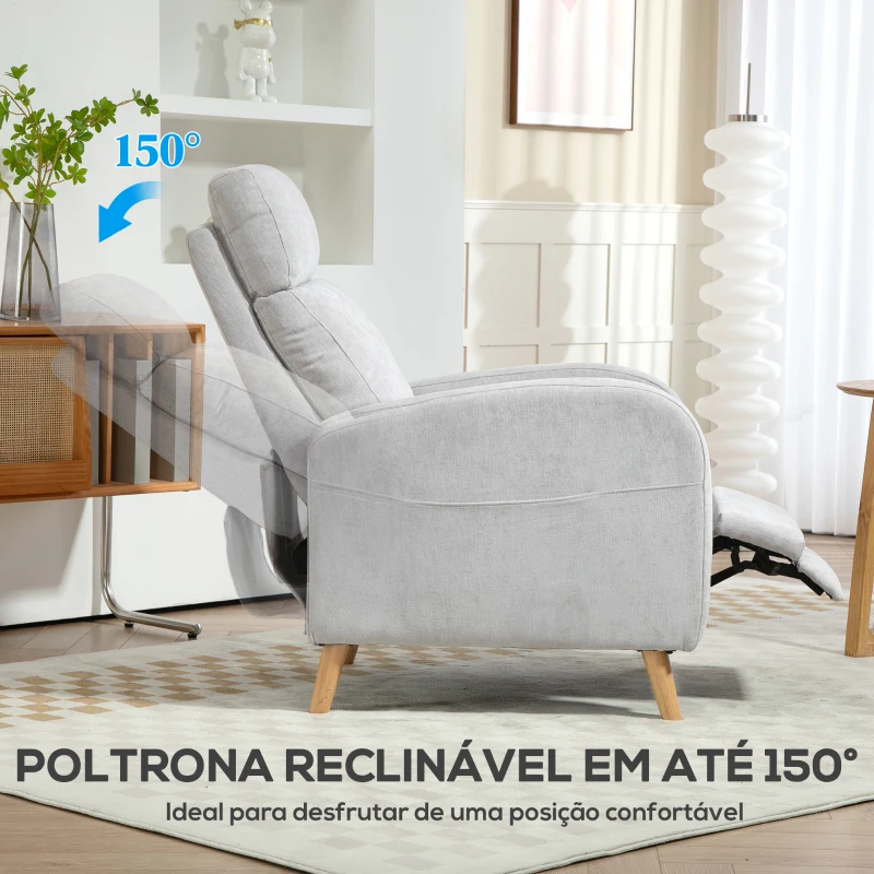 HOMCOM Poltrona Relax Reclinável Manual Estofada em Linho Sintético com Apoio para os Pés e Bolso Lateral 68x90x106 cm Cinza Claro