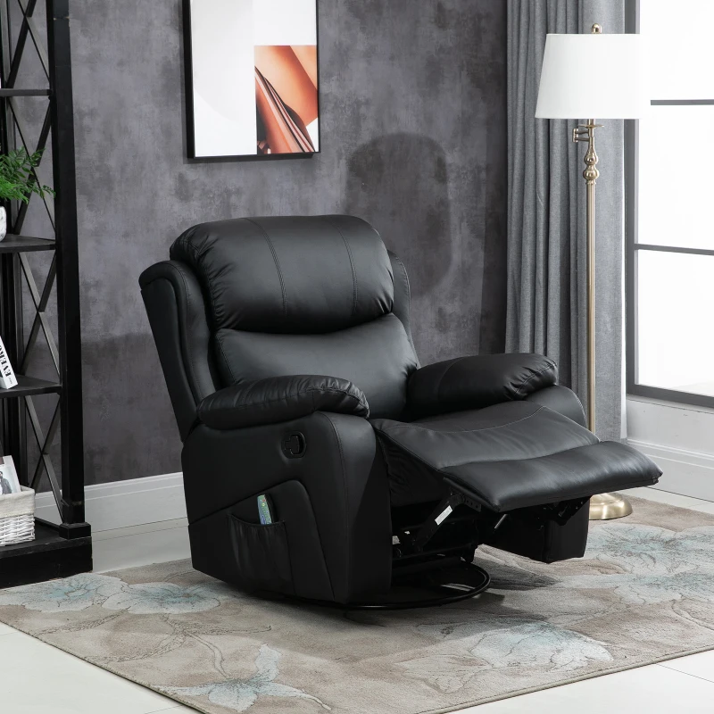 HOMCOM PU Leather Reclining Chair with 8 Massage Points and Heat, Manual Recliner with Swivel Base, Footrest and Remote, Black