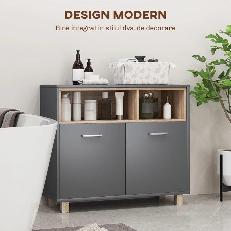 HOMCOM Mobilier de Baie cu Rafturi Deschise și Dulăpior cu 2 Uși, Dulap de Baie Spațios cu Mânere, 80x35x70 cm, Gri(m-5)