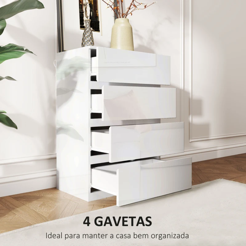 HOMCOM Cómoda com 4 Gavetas de Madeira Cómoda de Dormitório Cómoda Branca Estilo Moderno 55x33x80 cm Branco Brilhante