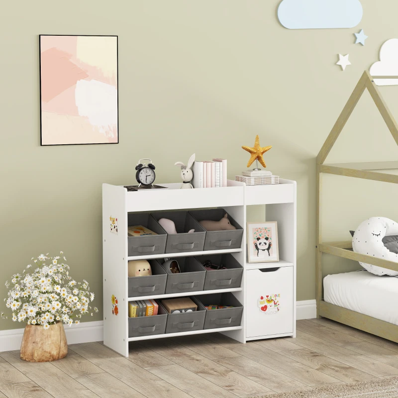 AIYAPLAY Organizador de Brinquedos para Crianças com 9 Cestos Amovíveis Compartimentos e Autocolantes  92x30x80 cm Branco e Cinza