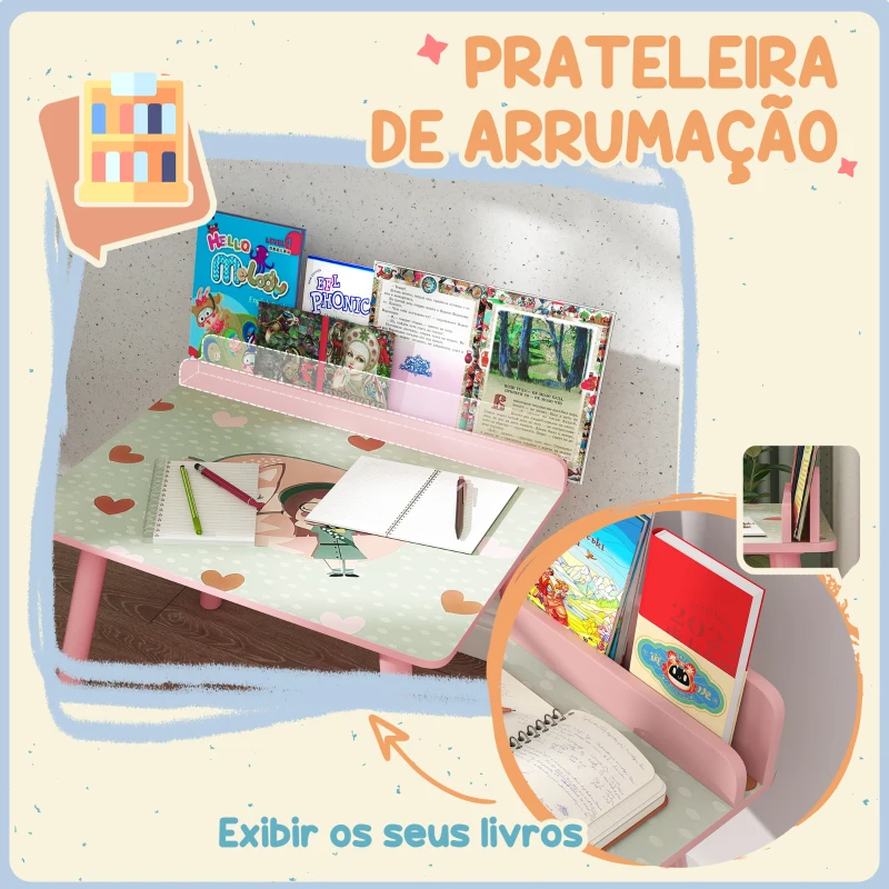 AIYAPLAY Mesa e Cadeira para Crianças com Prateleira para Livros Secretária para Crianças acima de 3 Anos Rosa