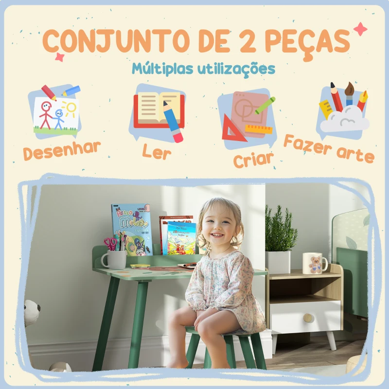 AIYAPLAY Mesa e Cadeira para Crianças com Prateleira para Livros Secretária para Crianças acima de 3 Anos Verde