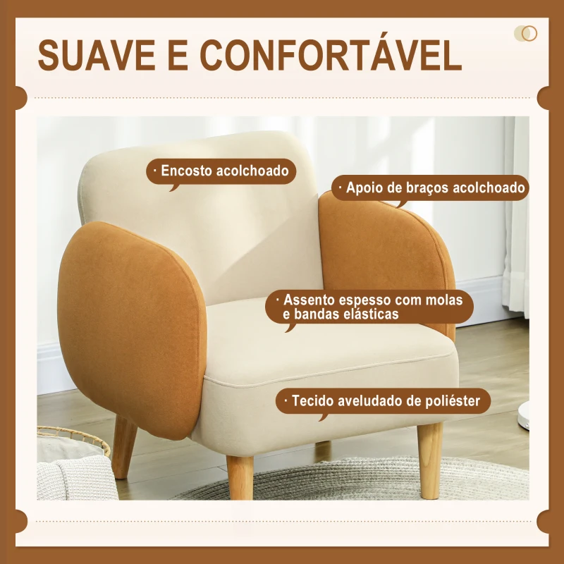 HOMCOM Poltrona Sala de Estar Poltrona para Dormitório com Apoio para os Braços e Pés de Madeira 72x87x82 cm Bege e Ocre