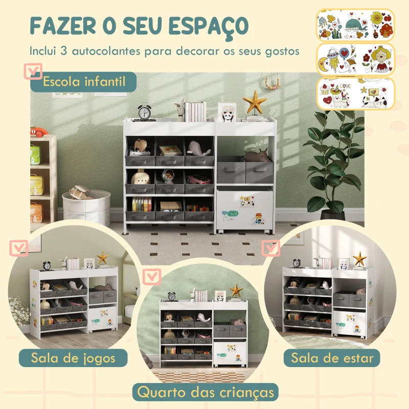 AIYAPLAY Organizador de Brinquedos para Crianças com 11 Cestas Amovíveis Compartimentos e Autocolantes 105x30x80 cm Branco e Cinza
