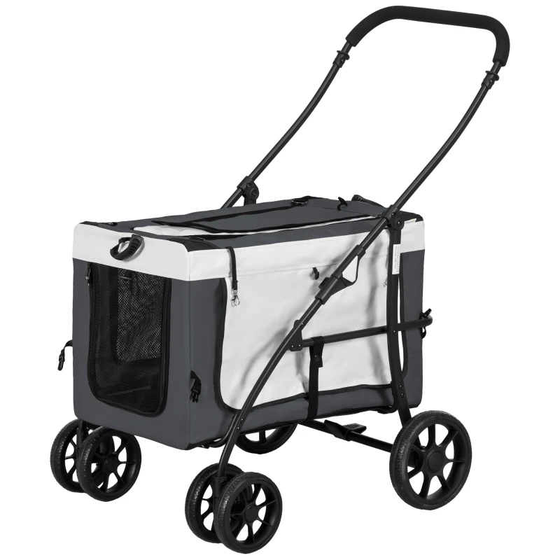 PawHut Carrinho para Animais de Estimação Carrinho para Cães Dobrável com Compartimento Desmontável 4 Portas 81x58x97,5 cm Cinza