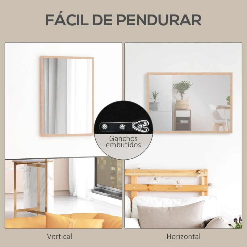 HOMCOM Espelho de Parede Decorativo 50x70 cm Espelho Retangular Espelho de Sala com 4 Ganchos Metálicos Estilo Moderno Madeira