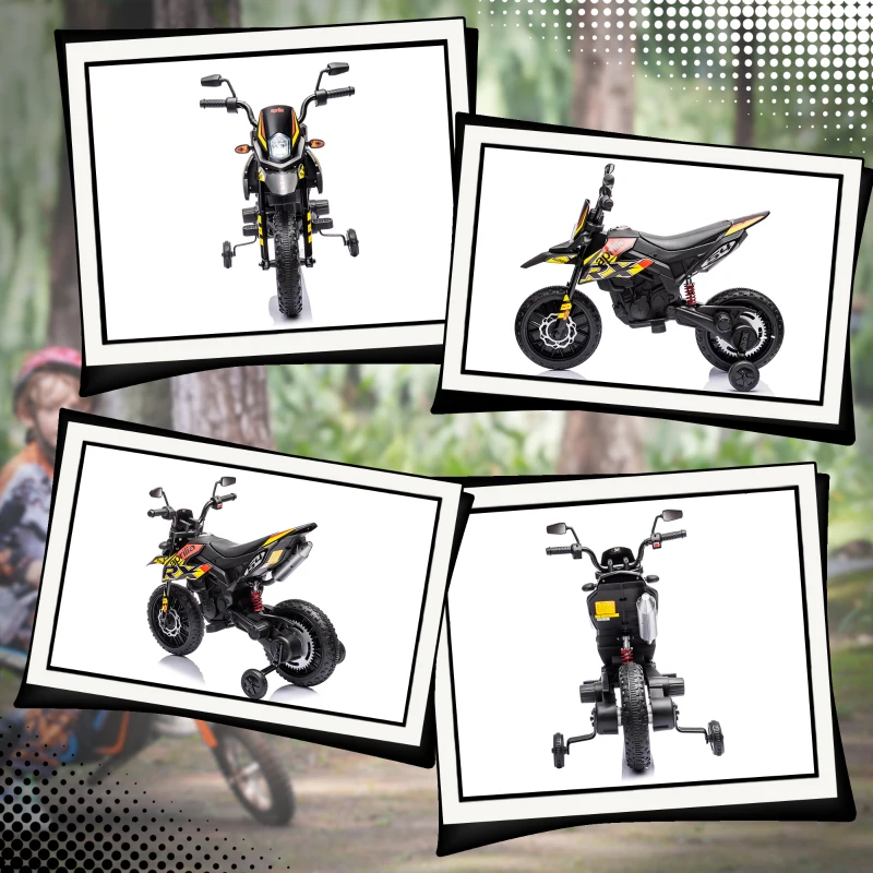 AIYAPLAY 12V Kindermotor met Trainingswielen, LED-Lichten, Muziek, USB, Elektrische Motorfiets voor Jongens en Meisjes, Geel(m-8)