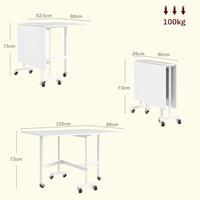 HOMCOM Mesa Dobrável de Cozinha para 4-6 Pessoas Mesa de Sala de Jantar Dobrável com Rodas e Laterais Dobráveis 120x80x73 cm Branco