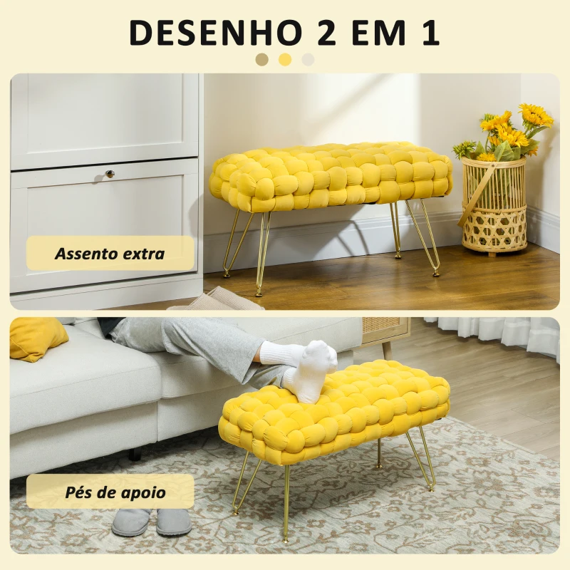 HOMCOM Apoio para os Pés Sala de Estar em Veludo com Pés de Metal e Assento Acolchoado para Dormitório Entrada 76x38x41,5 cm Amarelo