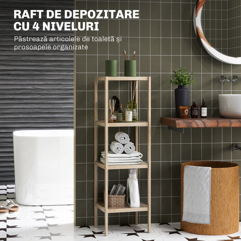 HOMCOM Dulap de Baie Modern cu 4 Rafturi Anti-Răsturnare, Dulap de Baie din Bambus și Lemn, 33x31x110 cm, Lemn Natural