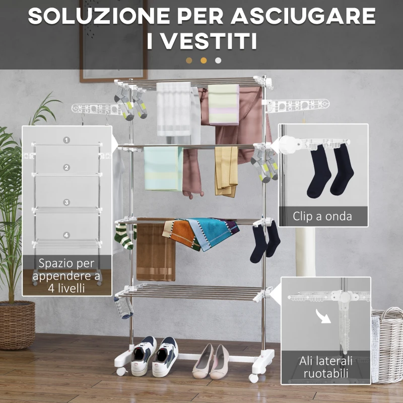 HOMCOM Stendino Verticale Pieghevole in Acciaio e Plastica con 6 Ruote e 4 Ripiani Regolabili, 142x55x172 cm
