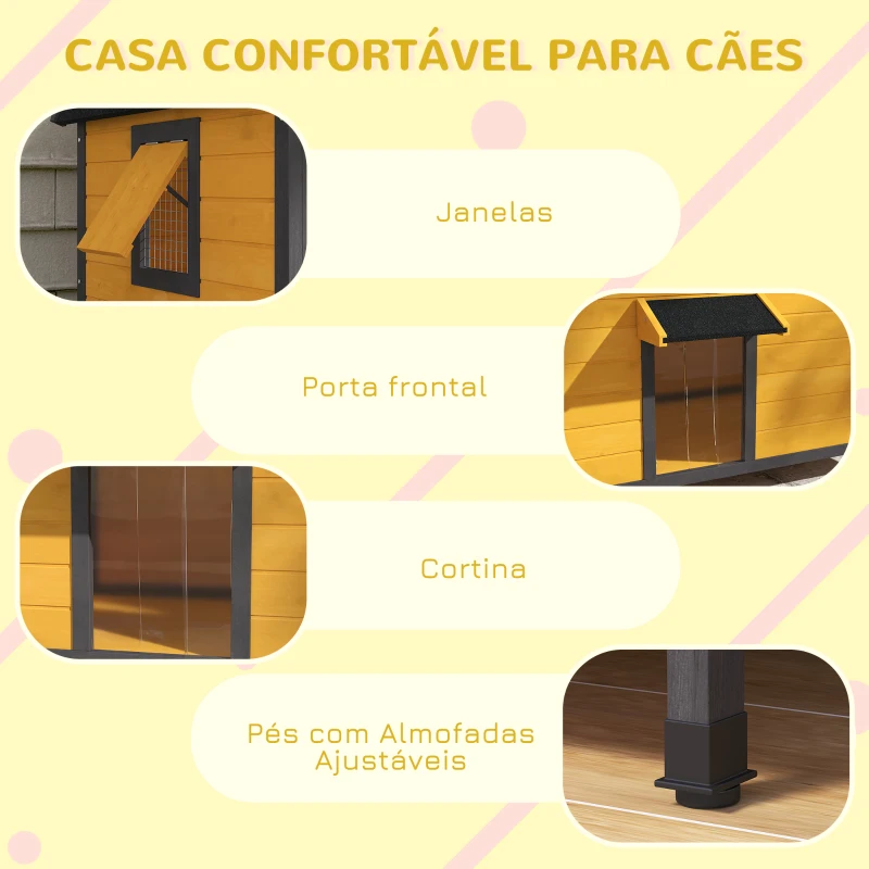 PawHut Casa para Cães de Madeira Casa para Animais de Estimação com Teto Asfáltico 2 Janelas Porta com Cortina 97x72x65 cm Madeira