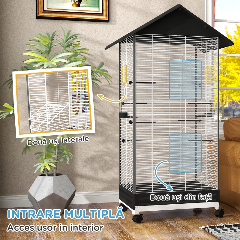 PawHut Colivie pentru Păsări, Volieră cu Tavă Detașabilă, Roți Pivotante și Hrănitoare, 79x65x155 cm, Negru